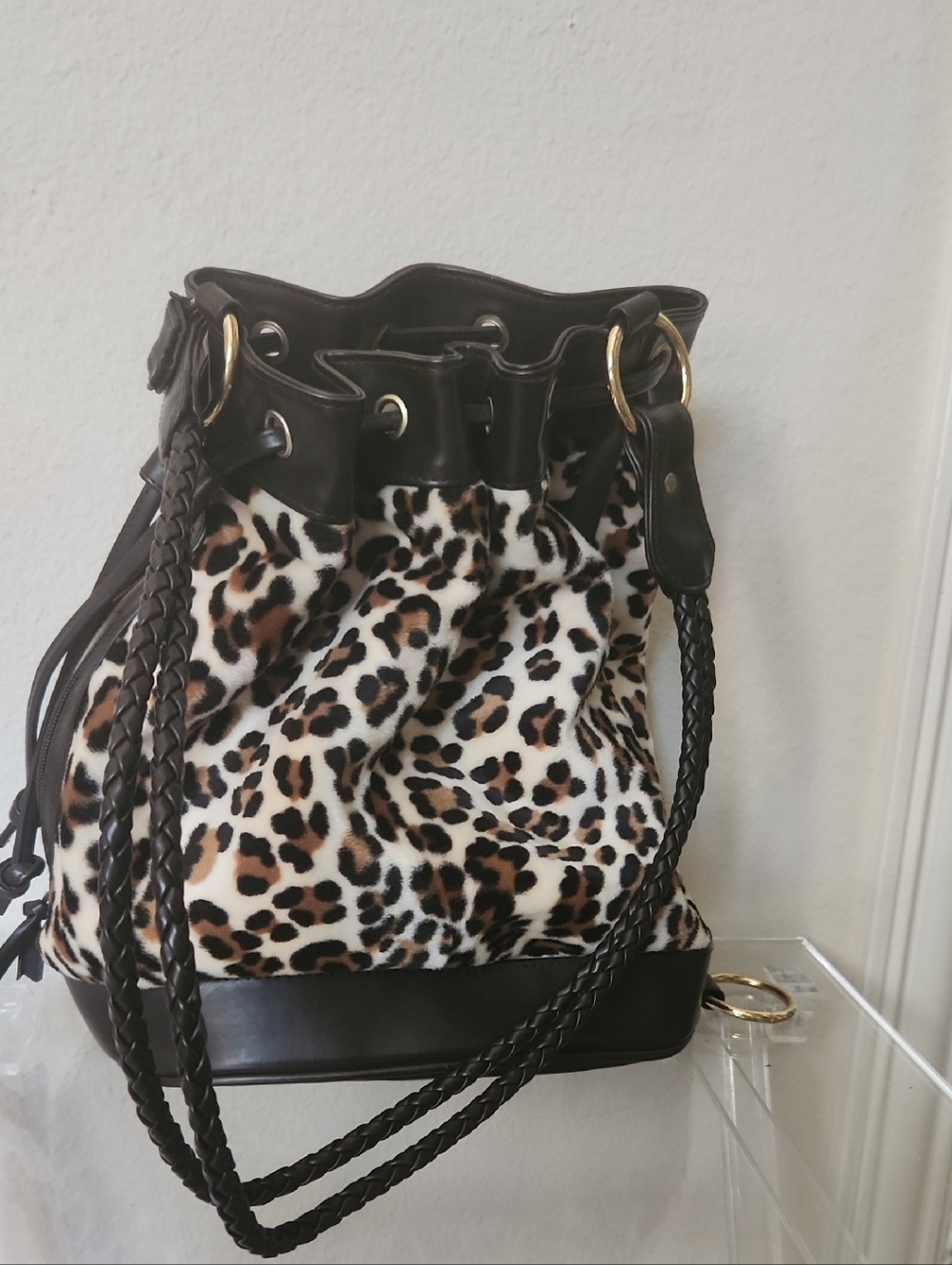 Leopard Print Drawstring Bucket Bag with Dark Brown Trim